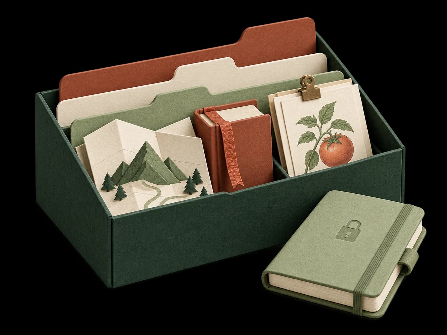 An archive box organizing a map, a book and a recipe, with a separate closed private notebook.
