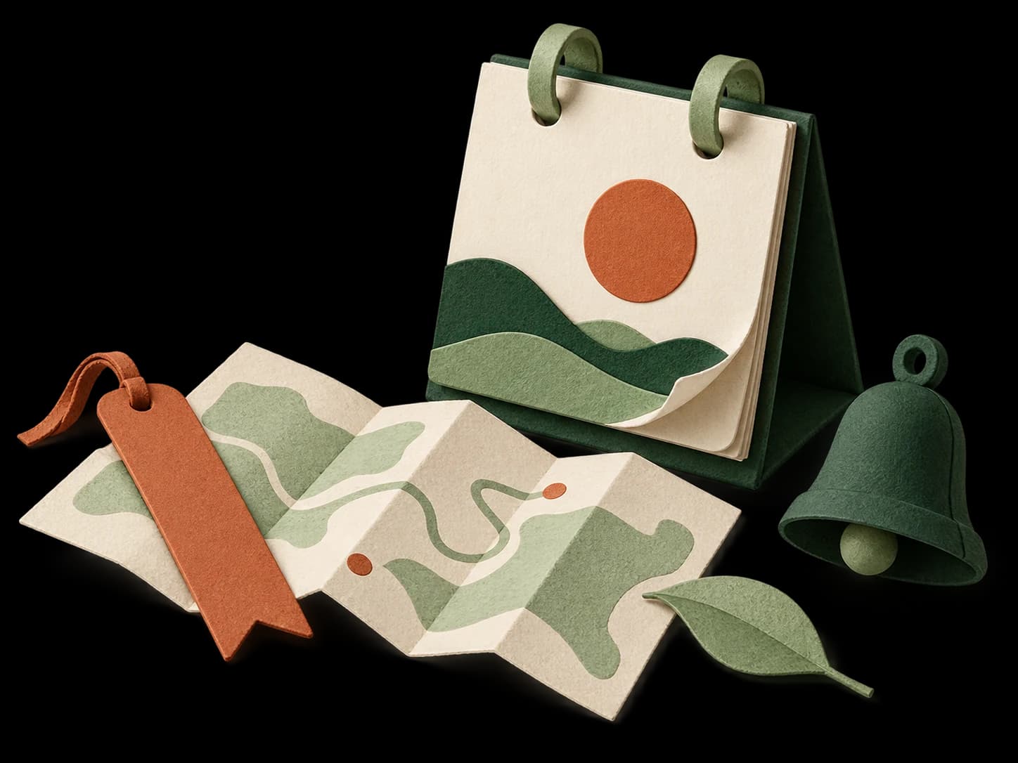 A bookmarked walking map beside a paper calendar and a quiet reminder bell.