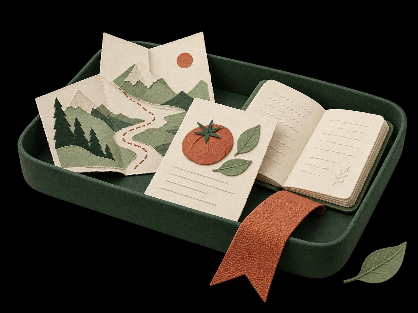 A paper catchall tray holding a travel map, a recipe and a personal notebook.
