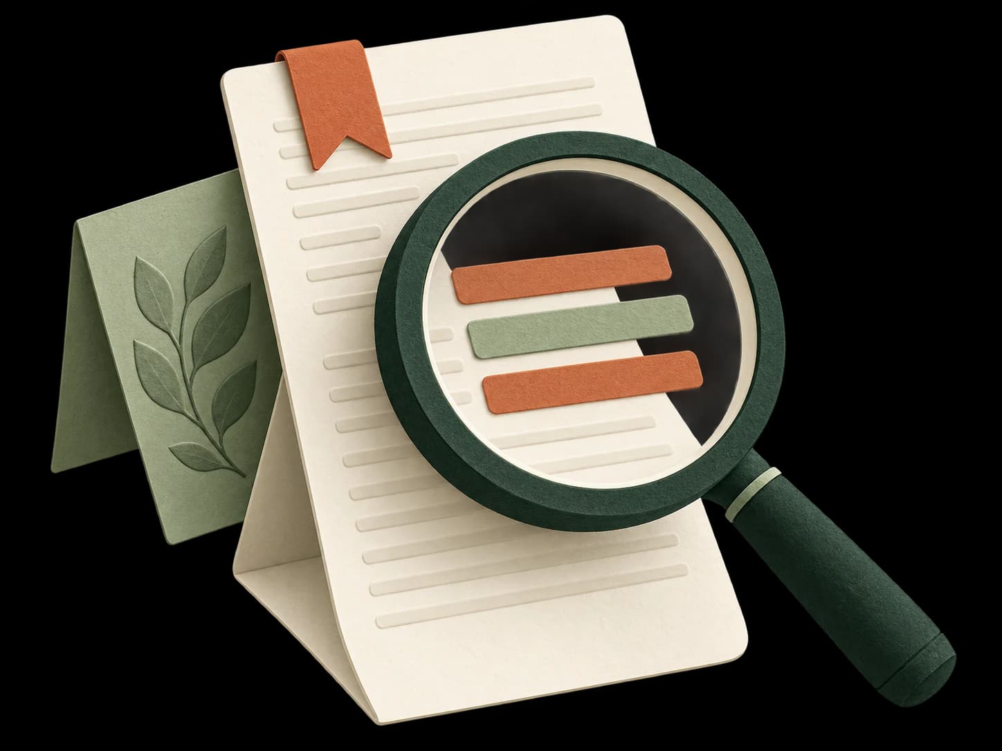 A forest-green magnifying lens highlighting the useful parts of a paper document.