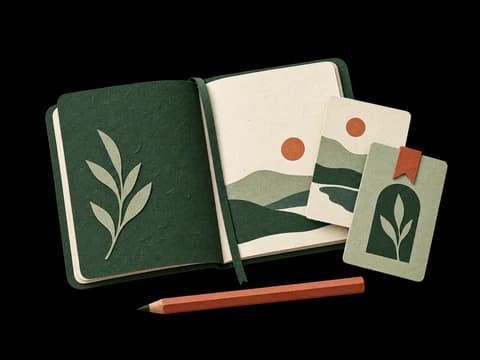 Paper-cut illustration of a notebook, saved cards and a pencil.
