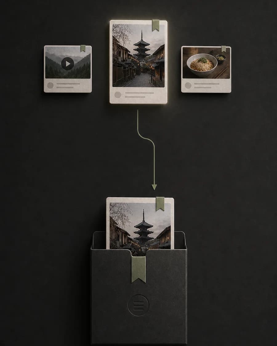 Three web links converging into one saved travel card